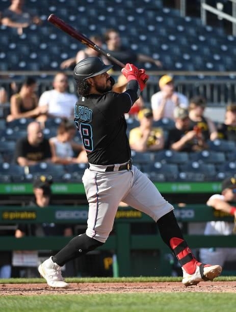 Jorge Alfaro of the Miami Marlins hits a two run home run in the fifth inning during the game against the Pittsburgh Pirates at PNC Park on June 5,...