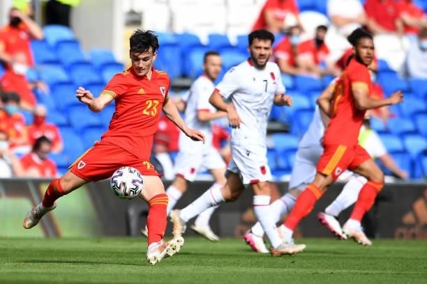 Dylan Levitt of Wales in action during the International Friendly Match between Wales and Albania at the Cardiff City Stadium on June 5, 2021 in...
