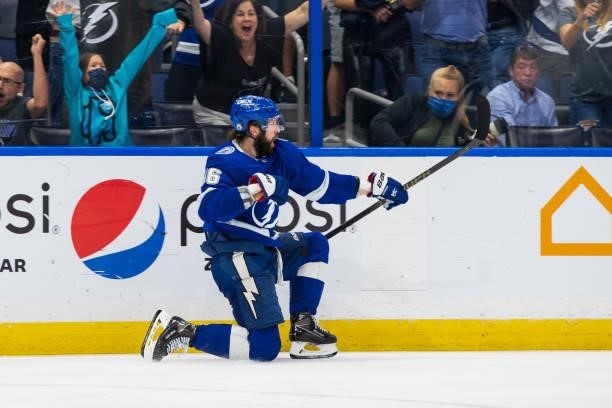 Nikita Kucherov of the Tampa Bay Lightning celebrates a goal against the Carolina Hurricanes during the third period in Game Four of the Second Round...