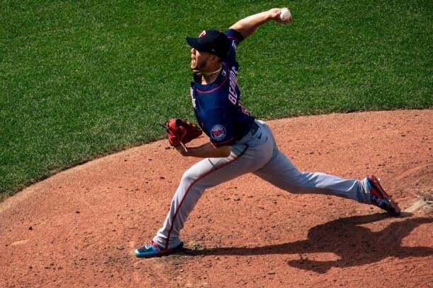 Jose Berrios of the Minnesota Twins pitches against the Kansas City Royals in the fifth inning at Kauffman Stadium on June 5, 2021 in Kansas City,...