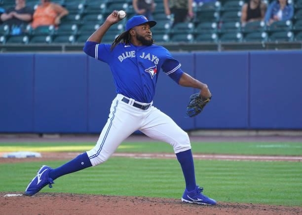Rafael Dolis of the Toronto Blue Jays closes the game during the ninth inning against the Houston Astros at Sahlen Field on June 5, 2021 in Buffalo,...
