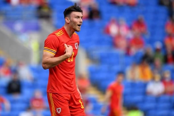 Kieffer Moore of Wales during the International Friendly Match between Wales and Albania at the Cardiff City Stadium on June 5, 2021 in Cardiff,...
