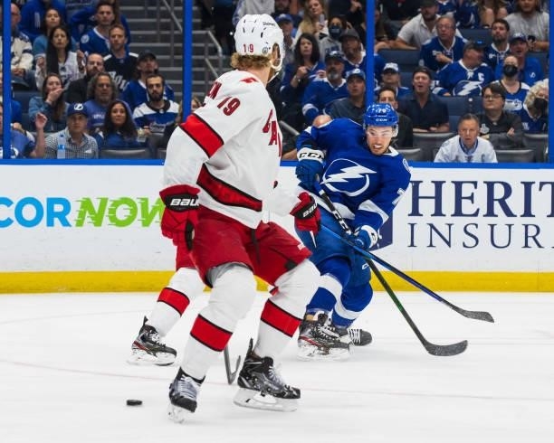 Ross Colton of the Tampa Bay Lightning skates against the Carolina Hurricanes during the third period in Game Four of the Second Round of the 2021...