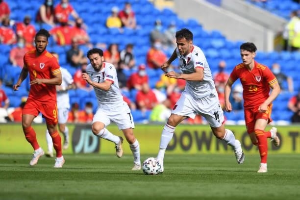 Rey Manaj of Albania in action during the International Friendly Match between Wales and Albania at the Cardiff City Stadium on June 5, 2021 in...