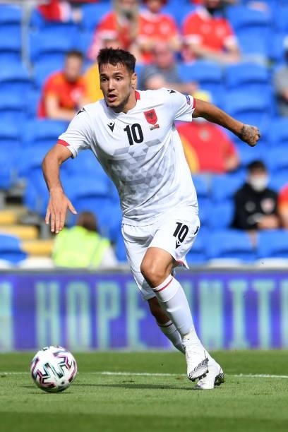 Rey Manaj of Albania in action during the International Friendly Match between Wales and Albania at the Cardiff City Stadium on June 5, 2021 in...