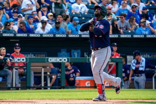 Miguel Sano of the Minnesota Twins celebrates after hitting a two-run home run in the sixth inning against the Kansas City Royals at Kauffman Stadium...