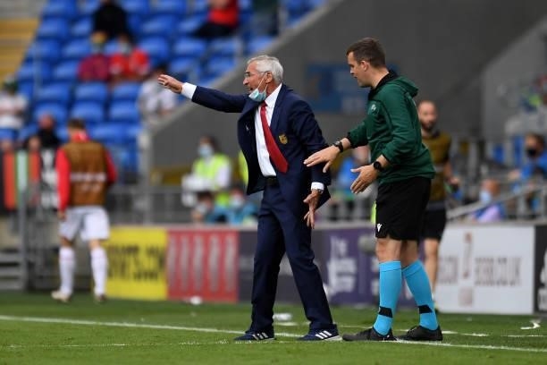 Edoardo Reja Head Coach of Albania shouts instructions to his team during the International Friendly Match between Wales and Albania at the Cardiff...