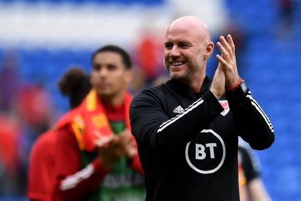 Rob Page Caretaker Head Coach of Wales applauds the fans at the final whistle during the International Friendly Match between Wales and Albania at...