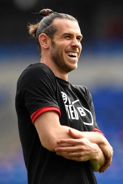Gareth Bale of Wales during the pre-match warm-up for the International Friendly Match between Wales and Albania at the Cardiff City Stadium on June...