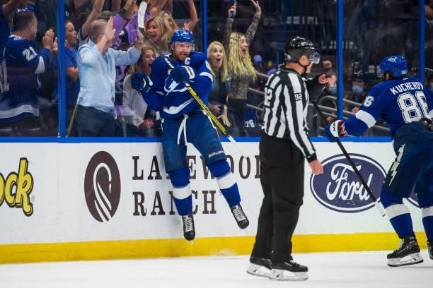 Steven Stamkos of the Tampa Bay Lightning celebrates a goal against the Carolina Hurricanes during the second period in Game Four of the Second Round...