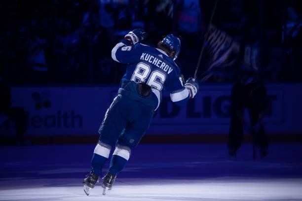 Nikita Kucherov of the Tampa Bay Lightning celebrates the win against the Carolina Hurricanes in Game Four of the Second Round of the 2021 Stanley...
