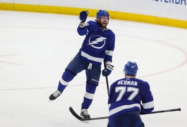 Nikita Kucherov of the Tampa Bay Lightning celebrates a goal against the Carolina Hurricanes during the second period in Game Four of the Second...