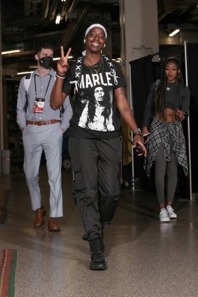 Jazmine Jones of the New York Liberty arrives to the game against the Connecticut Sun on June 5, 2021 at Mohegan Sun Arena in Uncasville,...