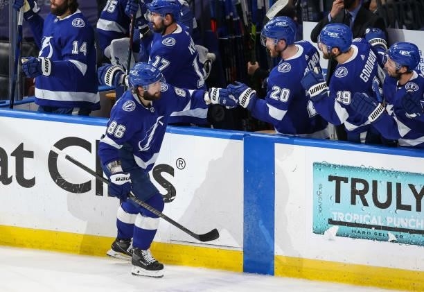 Nikita Kucherov of the Tampa Bay Lightning celebrates a goal against the Carolina Hurricanes during the second period in Game Four of the Second...