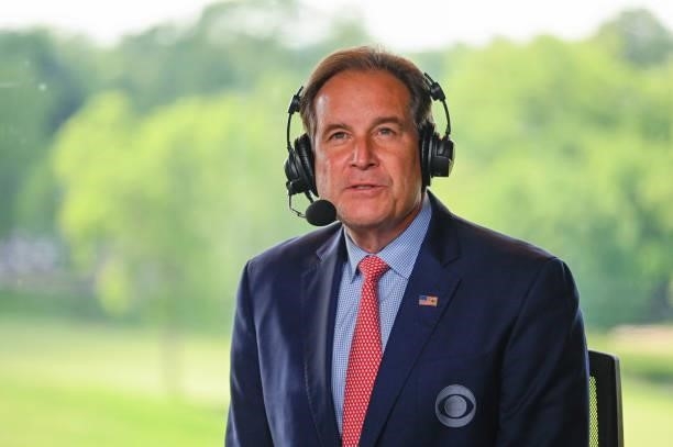 Jim Nantz in the CBS broadcast booth during the third round of the Memorial Tournament presented by Nationwide at Muirfield Village Golf Club on June...