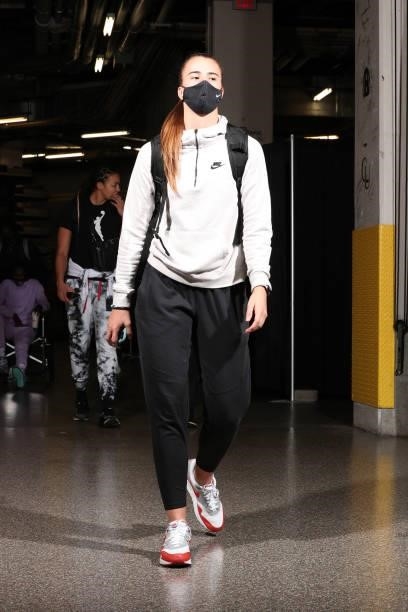 Sabrina Ionescu of the New York Liberty arrives to the game against the Connecticut Sun on June 5, 2021 at Mohegan Sun Arena in Uncasville,...