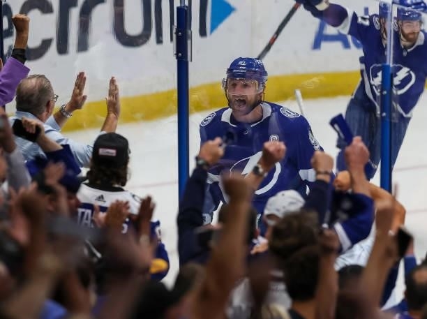 Steven Stamkos of the Tampa Bay Lightning celebrates a goal against the Carolina Hurricanes during the second period in Game Four of the Second Round...