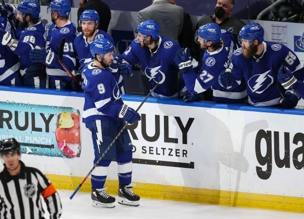 Tyler Johnson of the Tampa Bay Lightning celebrates a goal against the Carolina Hurricanes during the second period in Game Four of the Second Round...