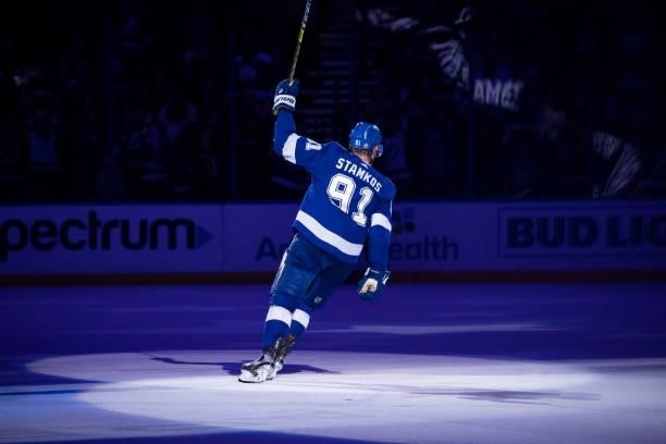 Steven Stamkos of the Tampa Bay Lightning celebrates the win against the Carolina Hurricanes in Game Four of the Second Round of the 2021 Stanley Cup...