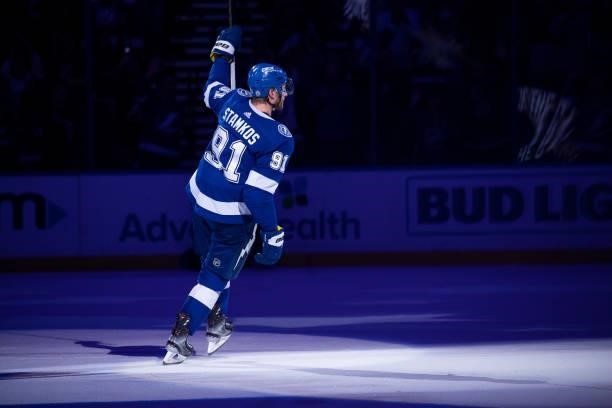 Steven Stamkos of the Tampa Bay Lightning celebrates the win against the Carolina Hurricanes in Game Four of the Second Round of the 2021 Stanley Cup...