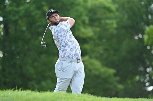 Jon Rahm of Spain tees off on the 18th hole during the third round of the Memorial Tournament presented by Nationwide at Muirfield Village Golf Club...