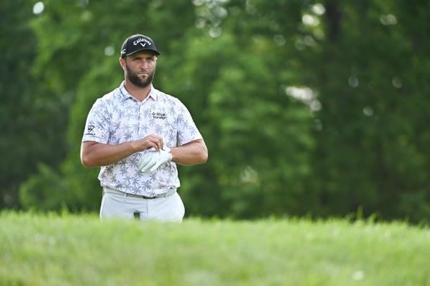 Jon Rahm of Spain stands behind his ball on the 18th tee box during the third round of the Memorial Tournament presented by Nationwide at Muirfield...