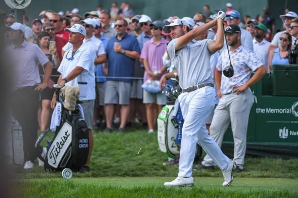 Patrick Cantlay hits a tee shot on the 15th hole during the third round of the Memorial Tournament presented by Nationwide at Muirfield Village Golf...