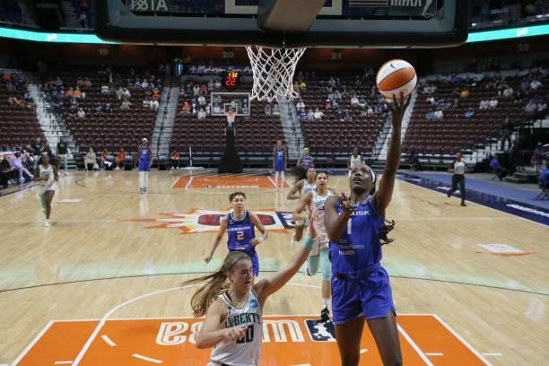 Beatrice Mompremier of the Connecticut Sun drives to the basket against the New York Liberty on June 5, 2021 at Mohegan Sun Arena in Uncasville,...