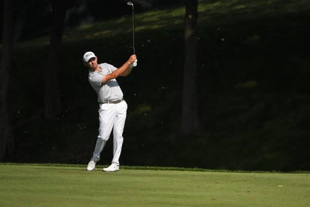 Patrick Cantlay hits a shot on the 15th fairway during the third round of the Memorial Tournament presented by Nationwide at Muirfield Village Golf...