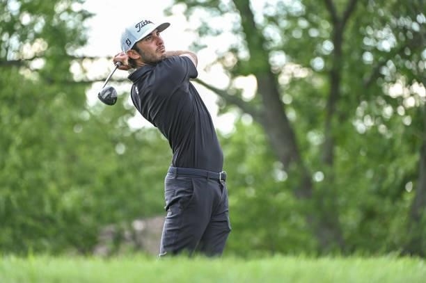 Max Homa hits a shot on the 18th tee box during the third round of the Memorial Tournament presented by Nationwide at Muirfield Village Golf Club on...