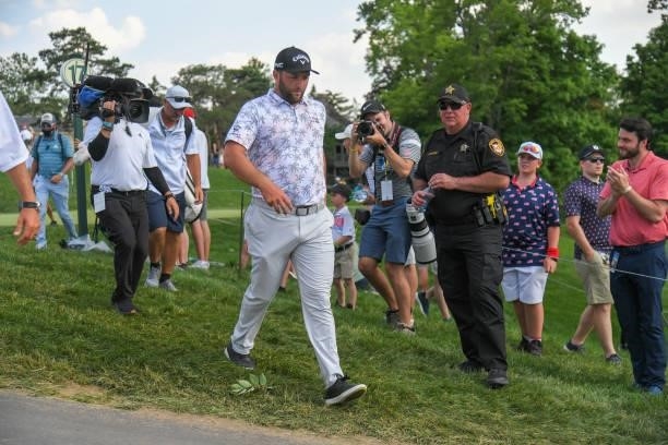 Jon Rahm of Spain walks off the 17th green during the third round of the Memorial Tournament presented by Nationwide at Muirfield Village Golf Club...