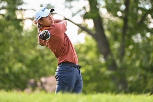 Collin Morikawa hits a tee shot on the 18th hole during the third round of the Memorial Tournament presented by Nationwide at Muirfield Village Golf...