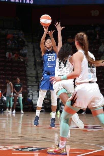 Briann January of the Connecticut Sun shoots the ball against the New York Liberty on June 5, 2021 at Mohegan Sun Arena in Uncasville, Connecticut....