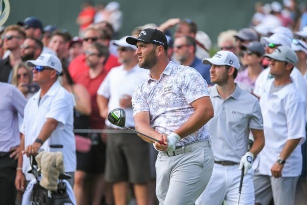 Jon Rahm of Spain watches his drive on the 15th tee box during the third round of the Memorial Tournament presented by Nationwide at Muirfield...