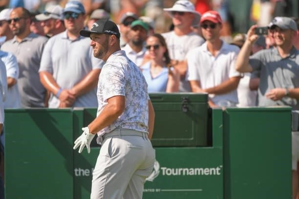 Jon Rahm of Spain steps onto the 15th tee box during the third round of the Memorial Tournament presented by Nationwide at Muirfield Village Golf...
