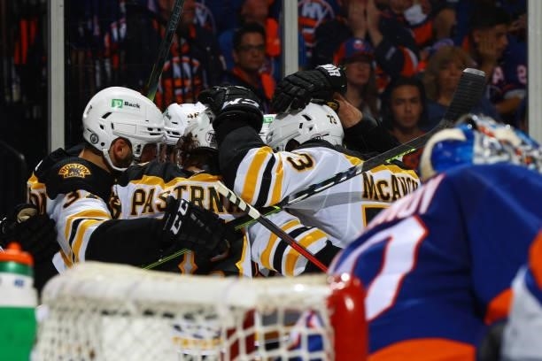 The Boston Bruins celebrate a goal by David Krejci against the New York Islanders during the second period in Game Four of the Second Round of the...