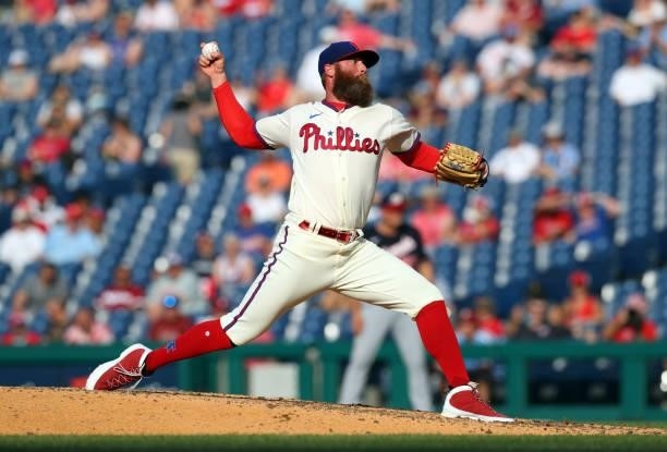 Archie Bradley of the Philadelphia Phillies delivers a pitch in the sixth inning during a game against the Washington Nationals at Citizens Bank Park...
