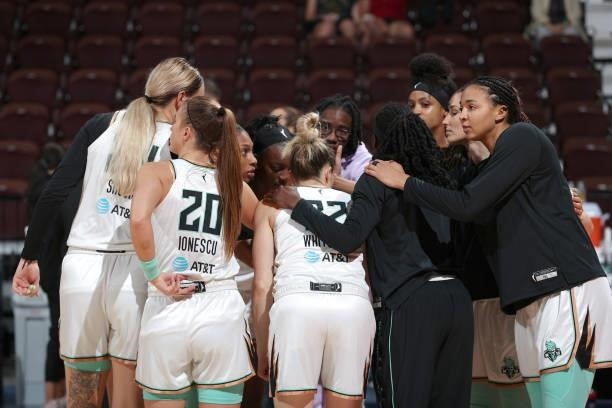 The New York Liberty huddle up before the game against the Connecticut Sun on June 5, 2021 at Mohegan Sun Arena in Uncasville, Connecticut. NOTE TO...