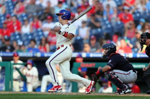 Realmuto of the Philadelphia Phillies hits a single in the sixth inning during a game against the Washington Nationals at Citizens Bank Park on June...