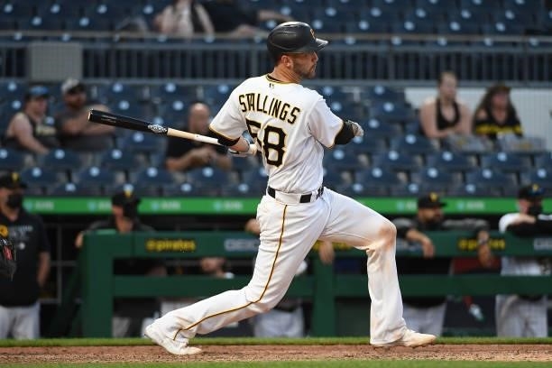Jacob Stallings of the Pittsburgh Pirates hits a walkoff single to give the Pirates an 8-7 win over the Miami Marlins in thirteen innings at PNC Park...
