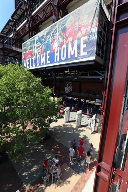 Fans enter the stadium before a game between the Philadelphia Phillies and the Washington Nationals at Citizens Bank Park on June 5, 2021 in...
