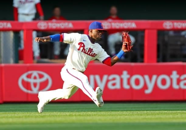 Odubel Herrera of the Philadelphia Phillies catches a line drive in the eighth inning during a game against the Washington Nationals at Citizens Bank...