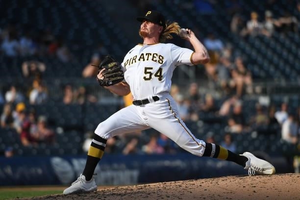 Sam Howard of the Pittsburgh Pirates delivers a pitch in the seventh inning during the game against the Miami Marlins at PNC Park on June 5, 2021 in...