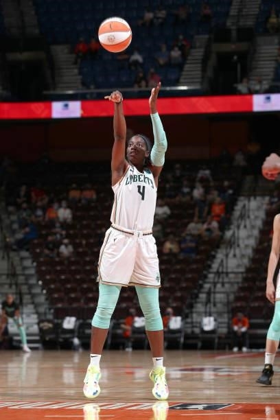Jazmine Jones of the New York Liberty shoots the ball against the Connecticut Sun on June 5, 2021 at Mohegan Sun Arena in Uncasville, Connecticut....