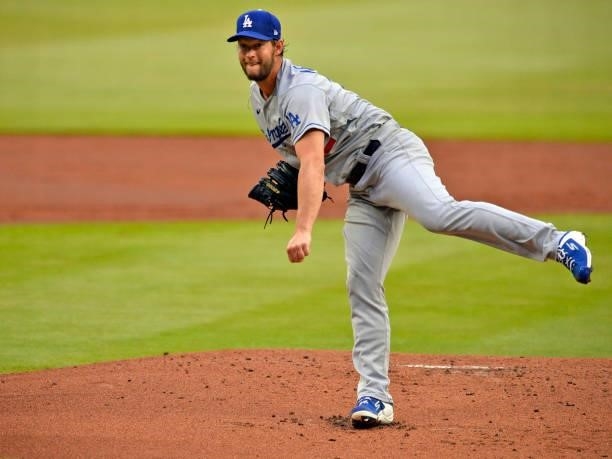 Clayton Kershaw of the Los Angeles Dodgers pitches in the first inning against the Atlanta Braves at Truist Park on June 5, 2021 in Atlanta, Georgia.
