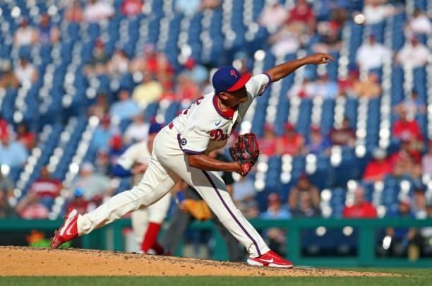 Ranger Suarez of the Philadelphia Phillies throws a pitch in the fourth inning during a game against the Washington Nationals at Citizens Bank Park...