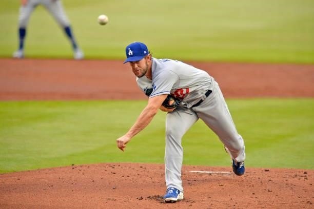 Clayton Kershaw of the Los Angeles Dodgers pitches in the first inning against the Atlanta Braves at Truist Park on June 5, 2021 in Atlanta, Georgia.