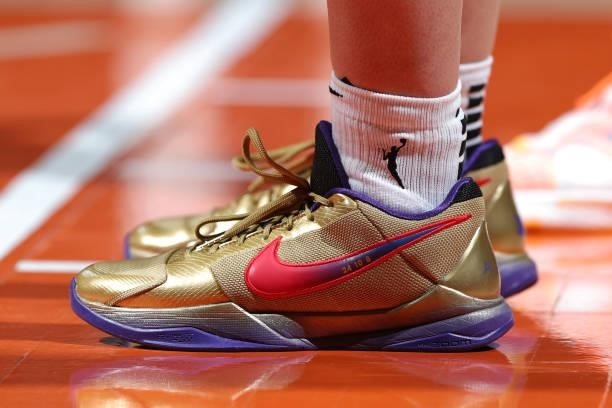 The sneakers of Sabrina Ionescu of the New York Liberty during the game against the Connecticut Sun on June 5, 2021 at Mohegan Sun Arena in...