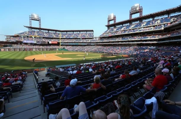 View of the field from the third base line during a game between the Philadelphia Phillies and the Washington Nationals at Citizens Bank Park on June...