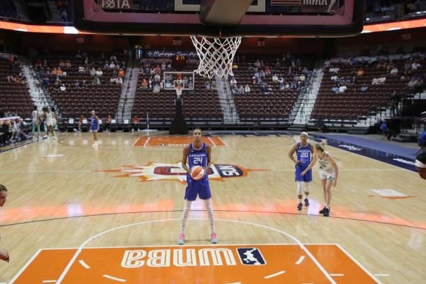 DeWanna Bonner of the Connecticut Sun shoots a free throw against the New York Liberty on June 5, 2021 at Mohegan Sun Arena in Uncasville,...